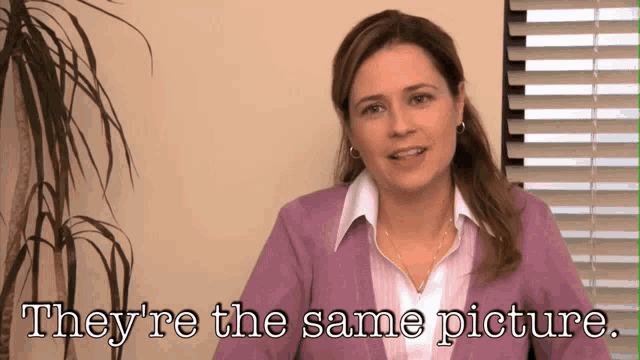 A woman is talking. The caption says "They're the same picture"