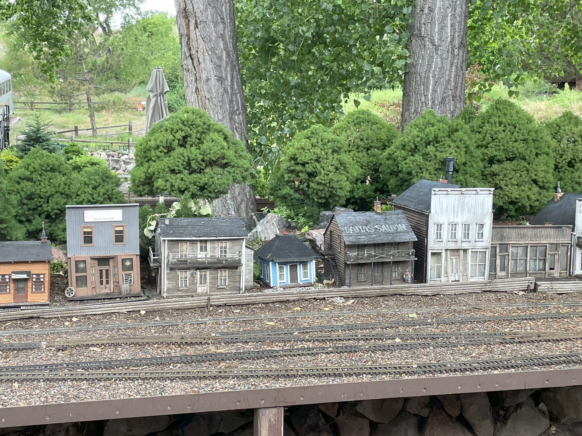 A model railroad town with little hand built wooden buildings behind several tracks. Real trees and bushes are in the background