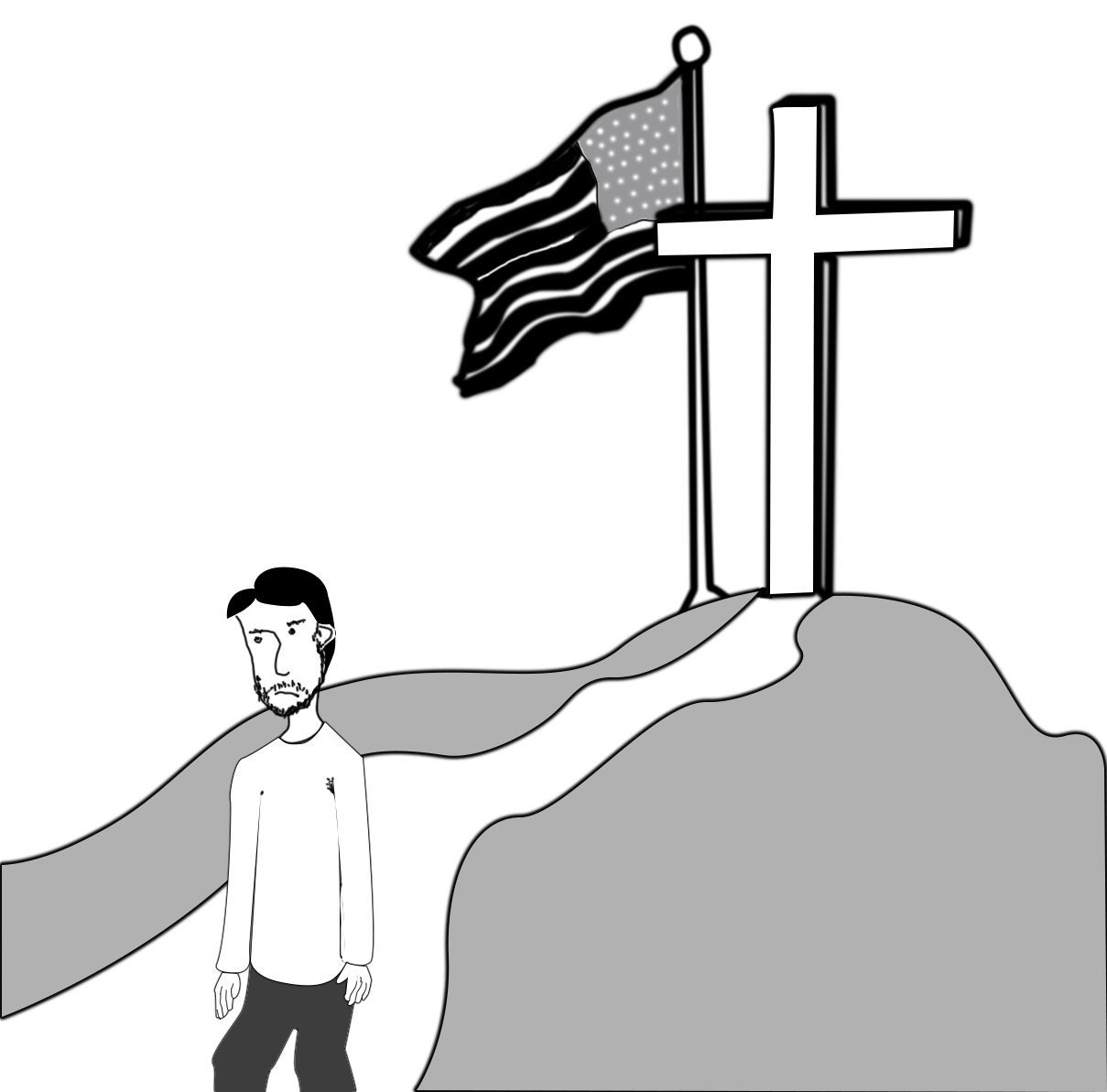 An illustration of a man walking away from a cross that stands next to a US flag